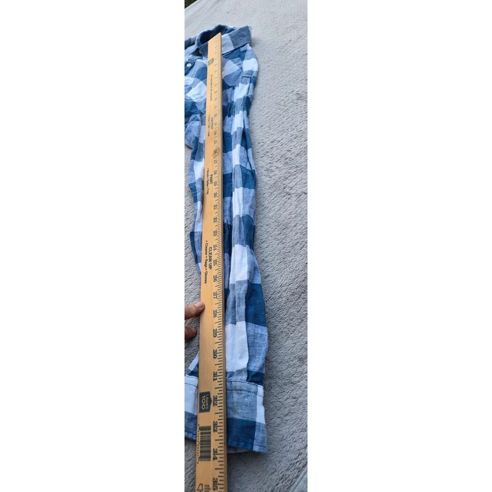 Banana Republic Mens Camden Fit 100% Linen Blue White Buffalo Check Shirt L Tall